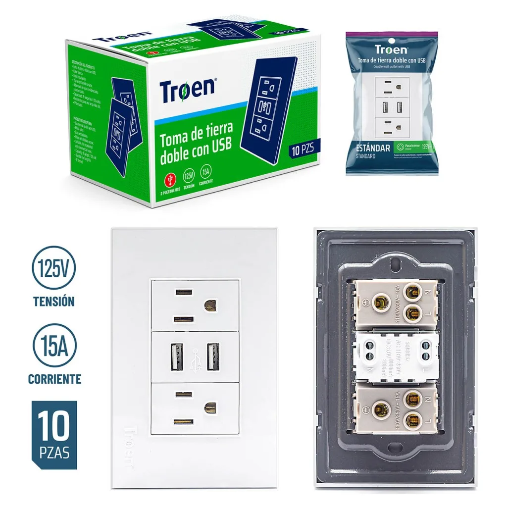 TOMA CTE DOBLE PE 125V 10A 3P+2USB BEIGE