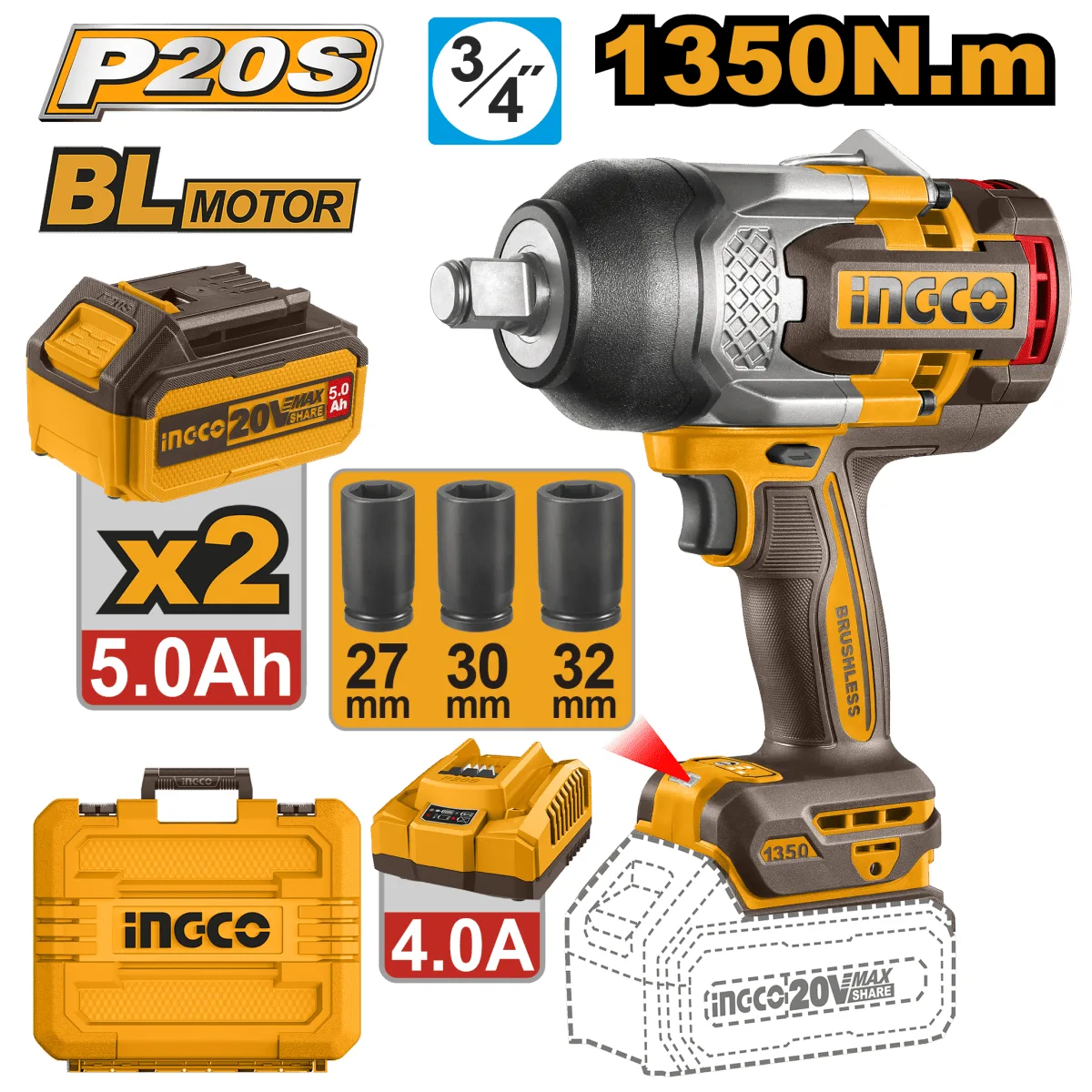 PISTOLA D/IMPACTO 3/4 INALAMBRICA 20V